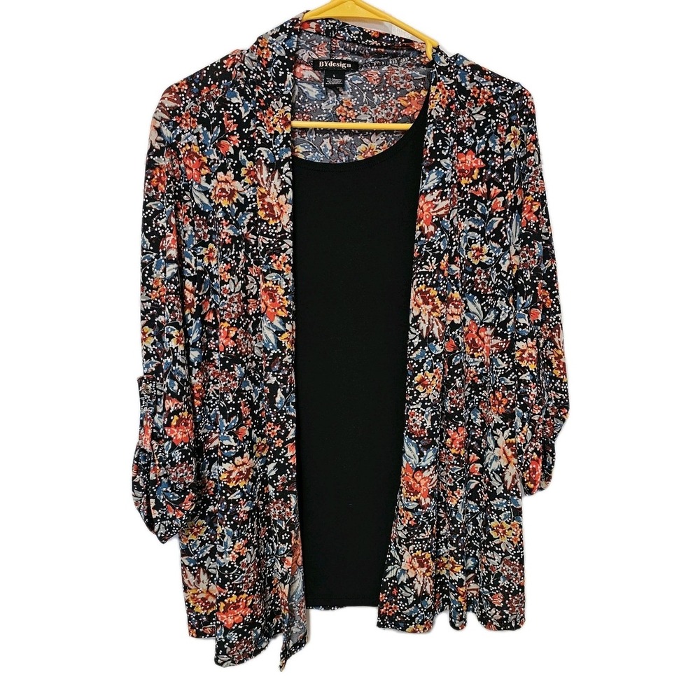 ByDesign Layered Blouse Womens LARGE 3/4‎ Sleeve Floral Raised Pattern EUC